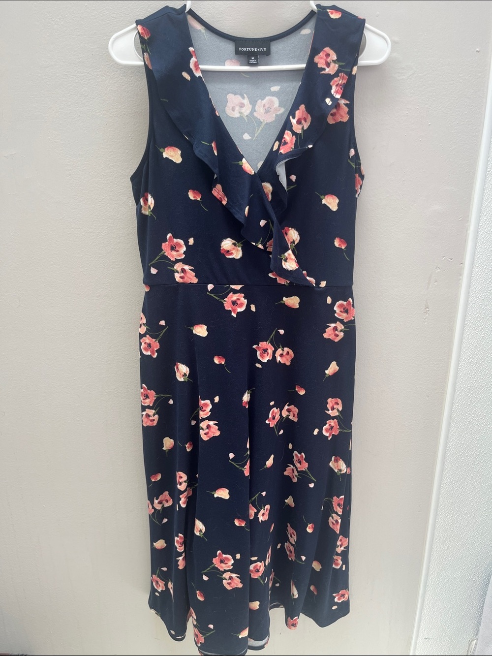 Forever New Navy Floral Ruffle V-Neck Midi Dress